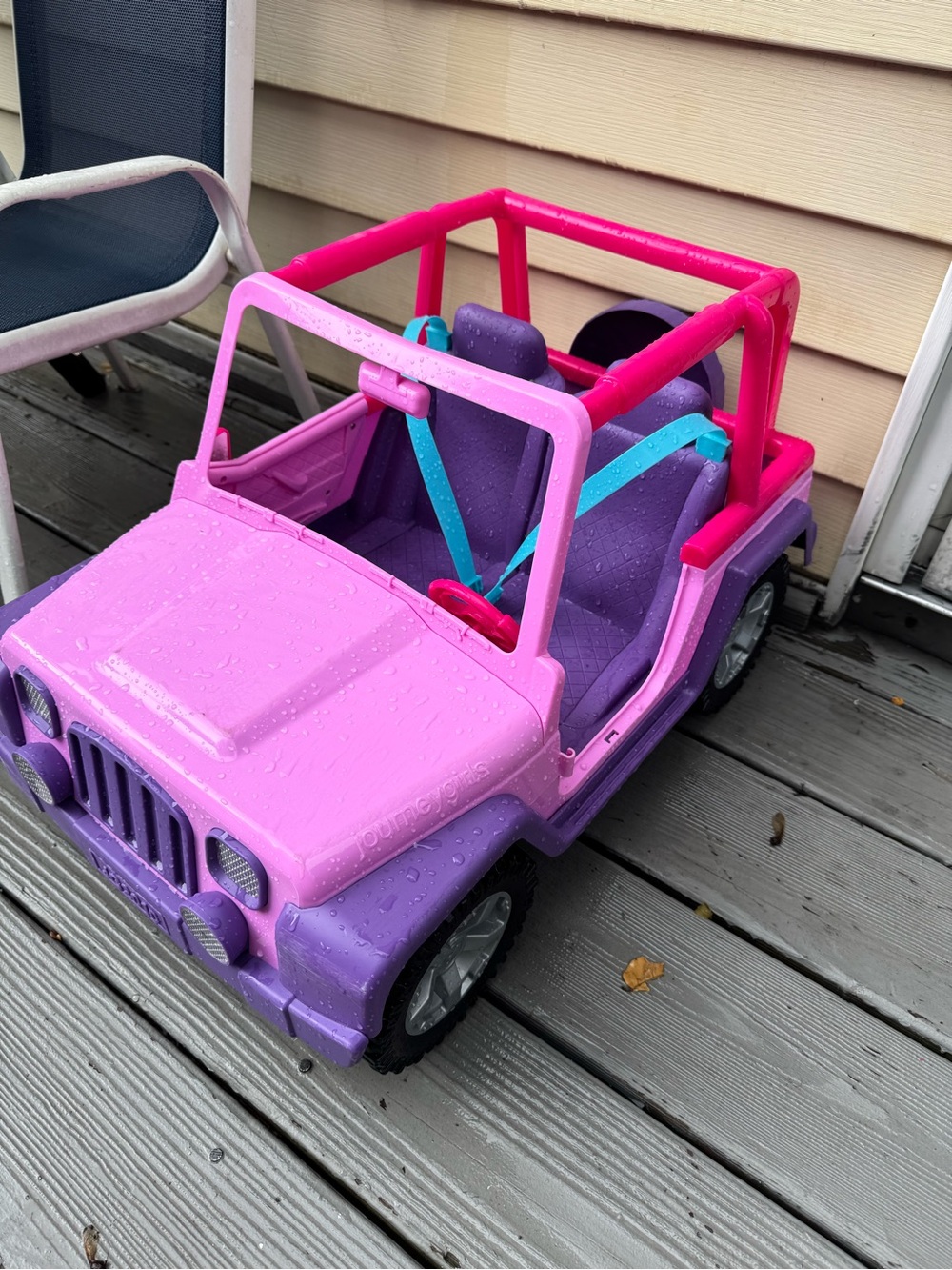 Kids Pink and Purple Ride-On Jeep with Blue Seat Belts
